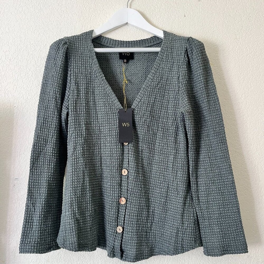 W5 Womens Waffle Knit Button Front Cardigan Sweater Size XL Gray V-neck Cozy New